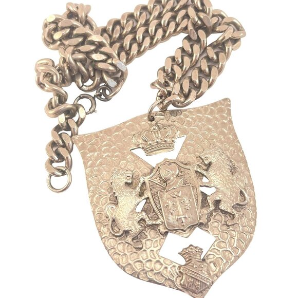 Coat of Arms Heavy Vintage Necklace Knight Lions and Crown - Picture 2 of 7